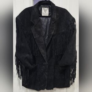 Venezia black leather suede fringed boho western women's plus size coat jacket